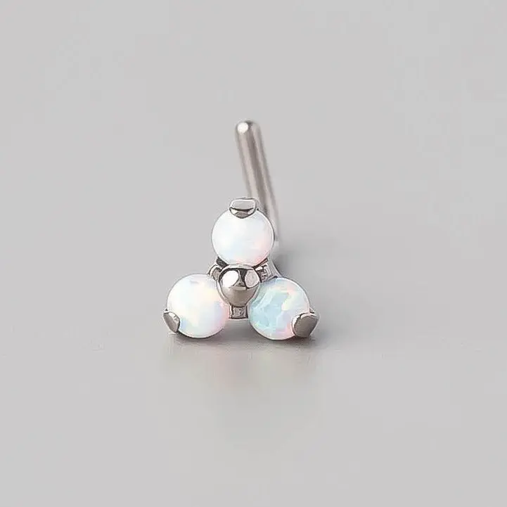 L-Shape Triple Stone Nose Stud in White Opal - Titanium