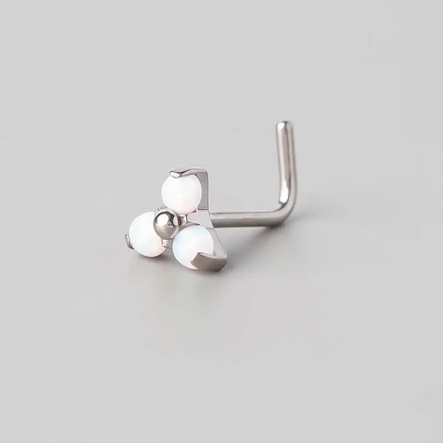 L-Shape Triple Stone Nose Stud in White Opal - Titanium - Image 2