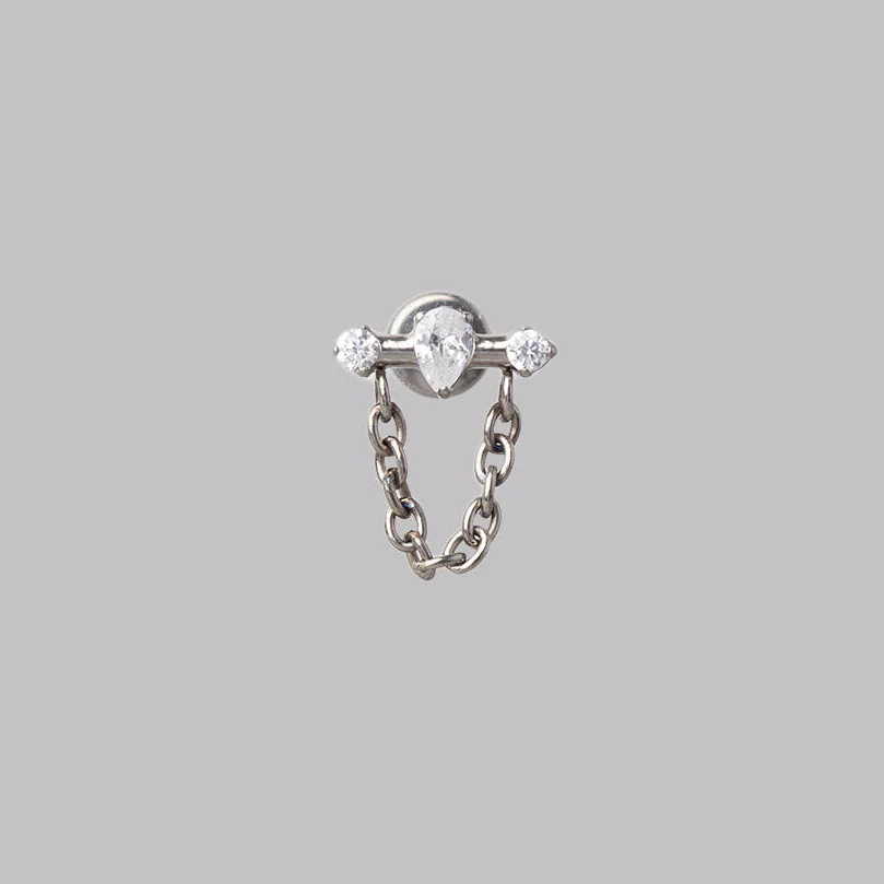 Oval and Double Clear CZ Chain Dangle Labret in Silver - Titanium