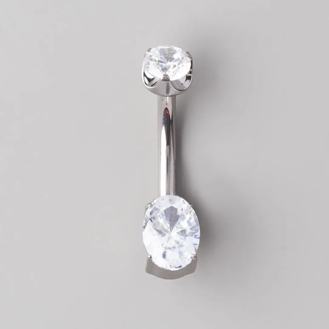 Oval Cut Prong Set CZ Silver Belly Bar - Titanium