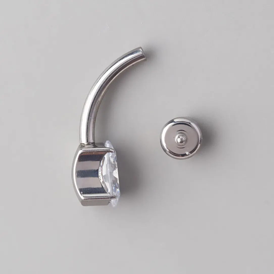 Oval Cut Prong Set CZ Silver Belly Bar - Titanium - Image 2