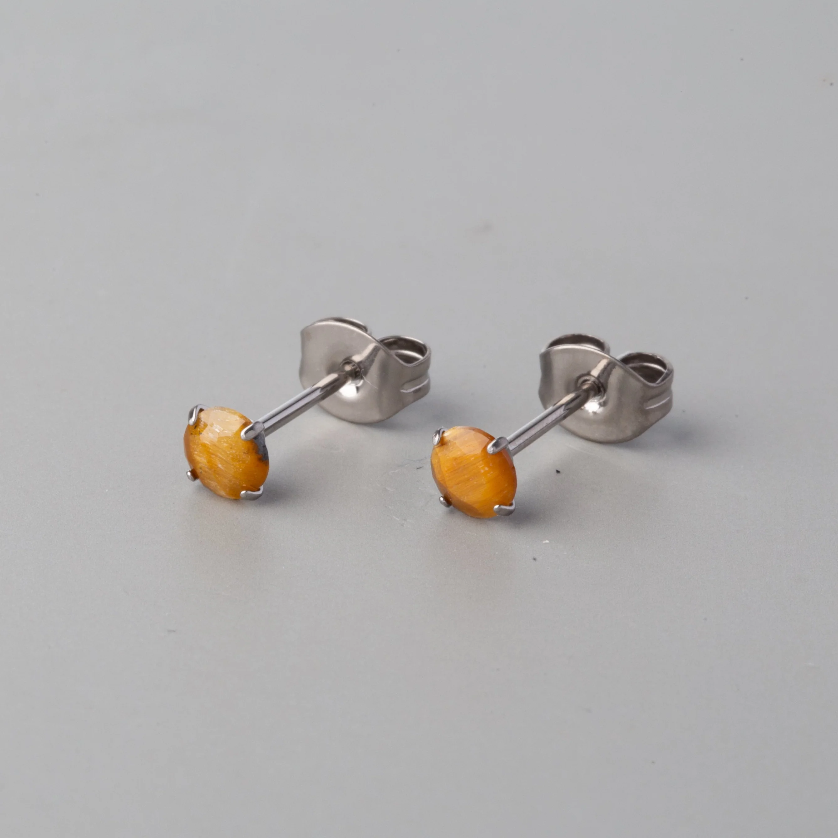 Prong Set Yellow Tiger Eye Earrings - Titanium