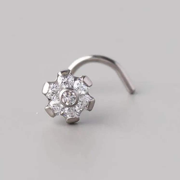 Screw Shape Nose Stud Six Flower CZ - Titanium