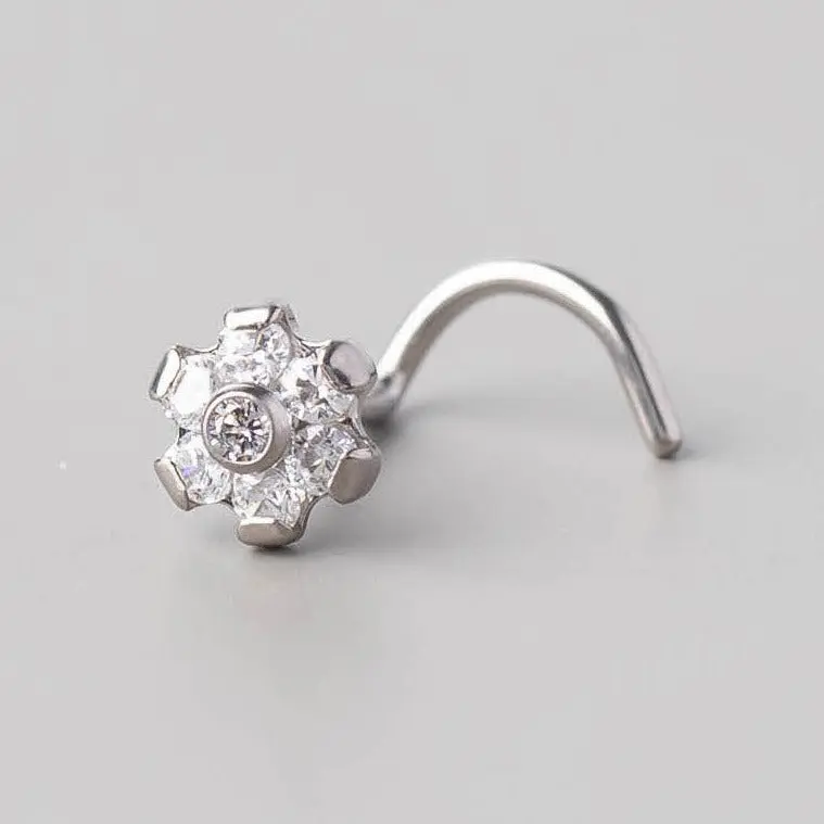 Screw Shape Nose Stud Six Flower CZ - Titanium - Image 2