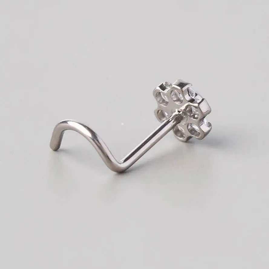 Screw Shape Nose Stud Six Flower CZ - Titanium - Image 3