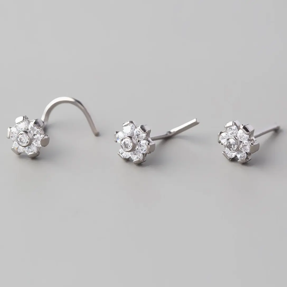 Screw Shape Nose Stud Six Flower CZ - Titanium - Image 4
