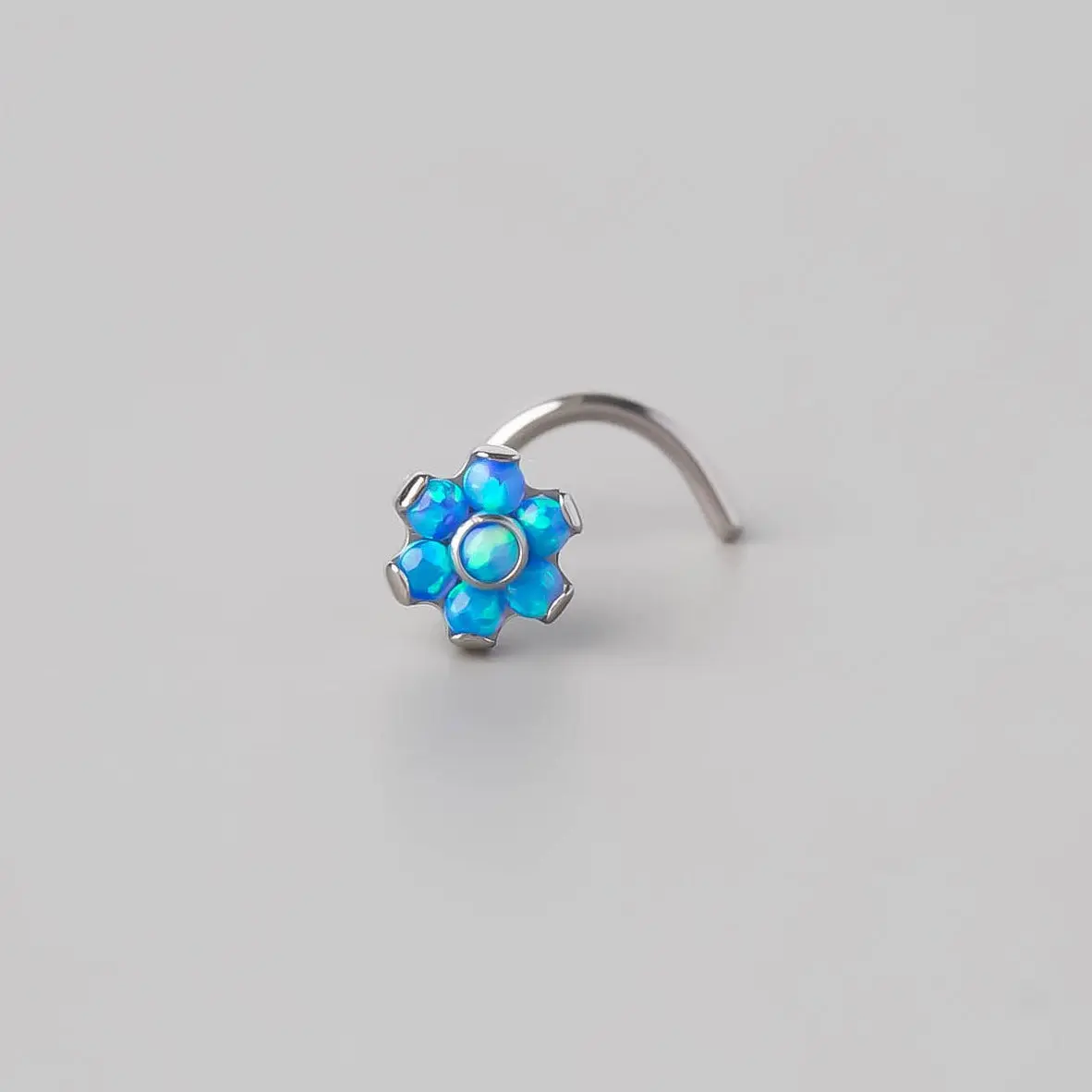 Screw Shape Nose Stud Six Flower Blue Opal CZ - Titanium