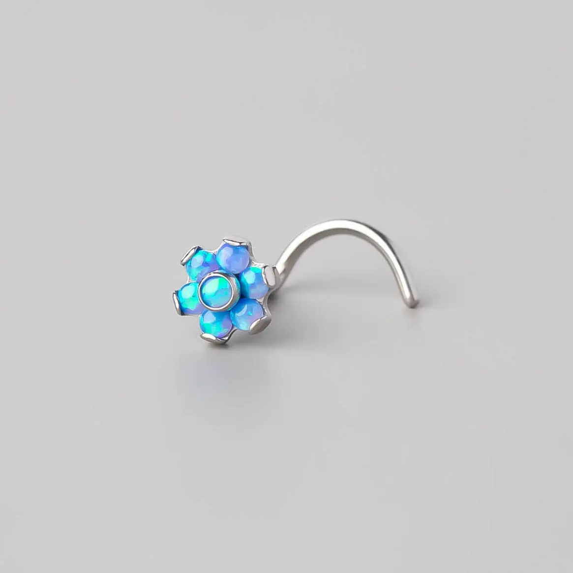 Screw Shape Nose Stud Six Flower Blue Opal CZ - Titanium - Image 2