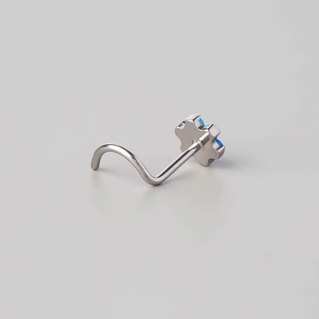 Screw Shape Nose Stud Six Flower Blue Opal CZ - Titanium - Image 3