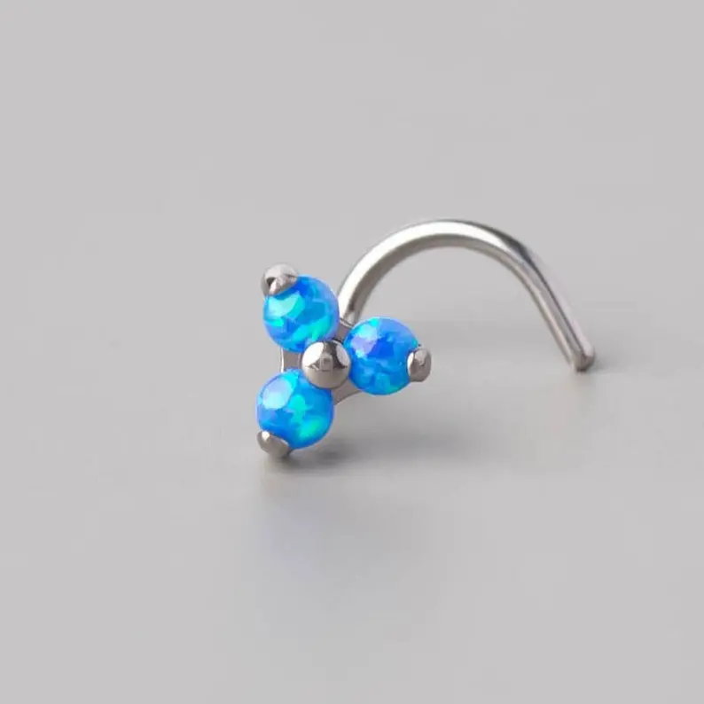 Screw Shape Nose Stud Triple Stone Trinity in Blue Opal - Titanium