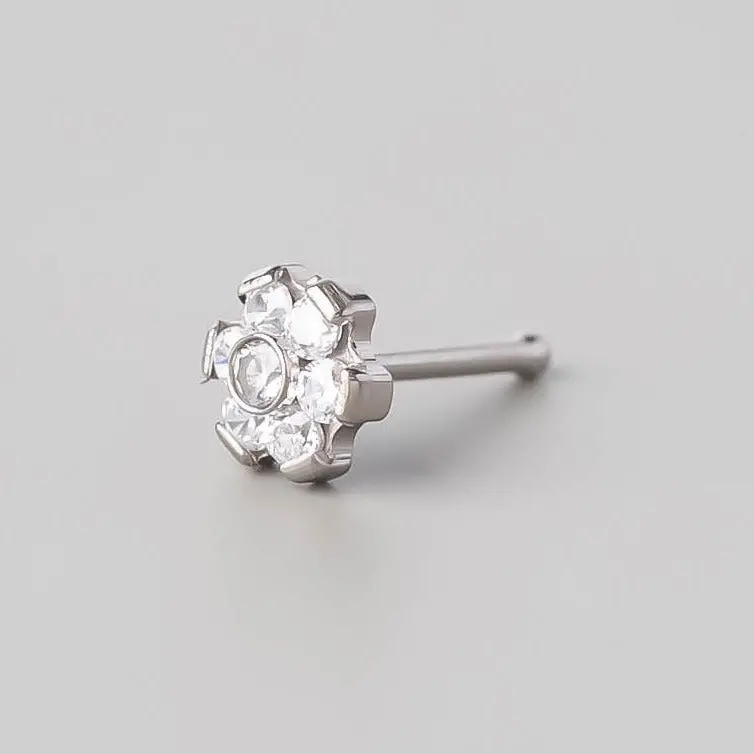 Straight Nose Stud Six Flower CZ - Titanium - Image 2