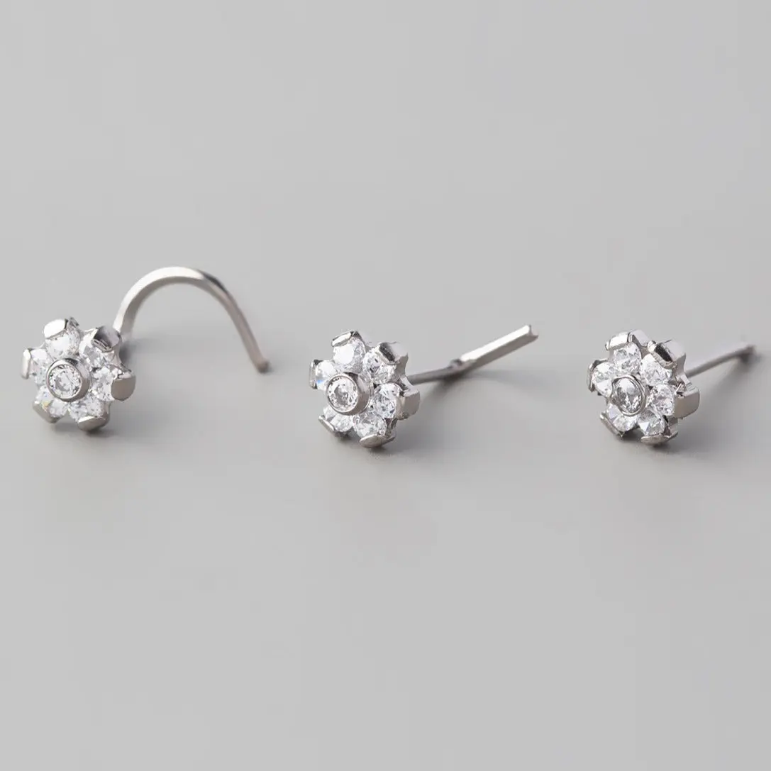 Straight Nose Stud Six Flower CZ - Titanium - Image 4
