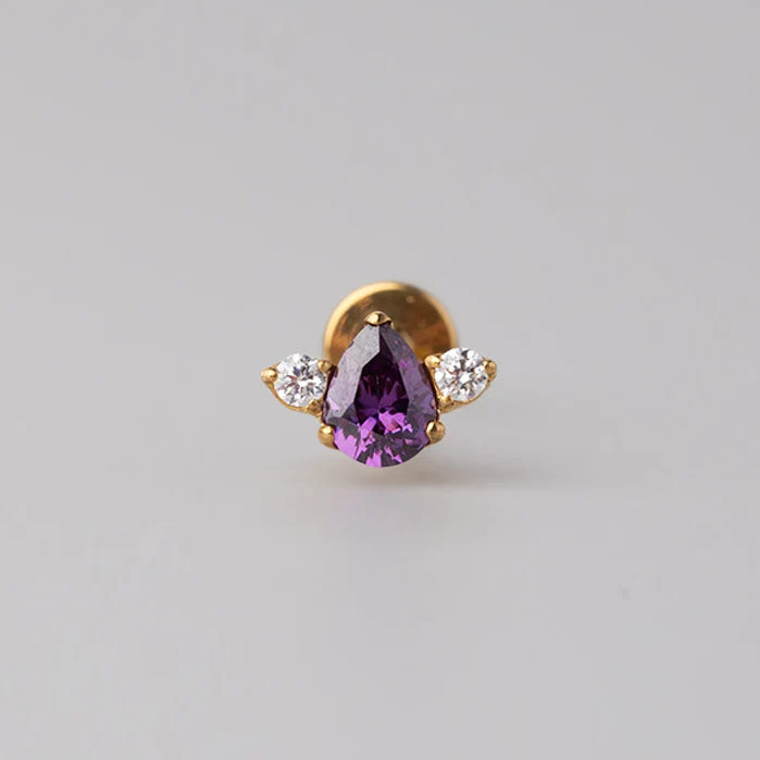 Triangular Purple Labret with Double Clear CZ in Gold - Titanium