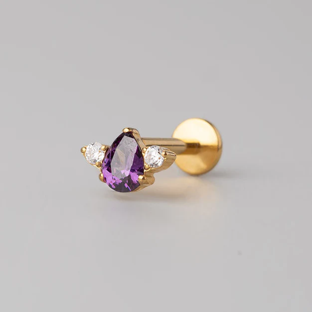 Triangular Purple Labret with Double Clear CZ in Gold - Titanium - Image 2