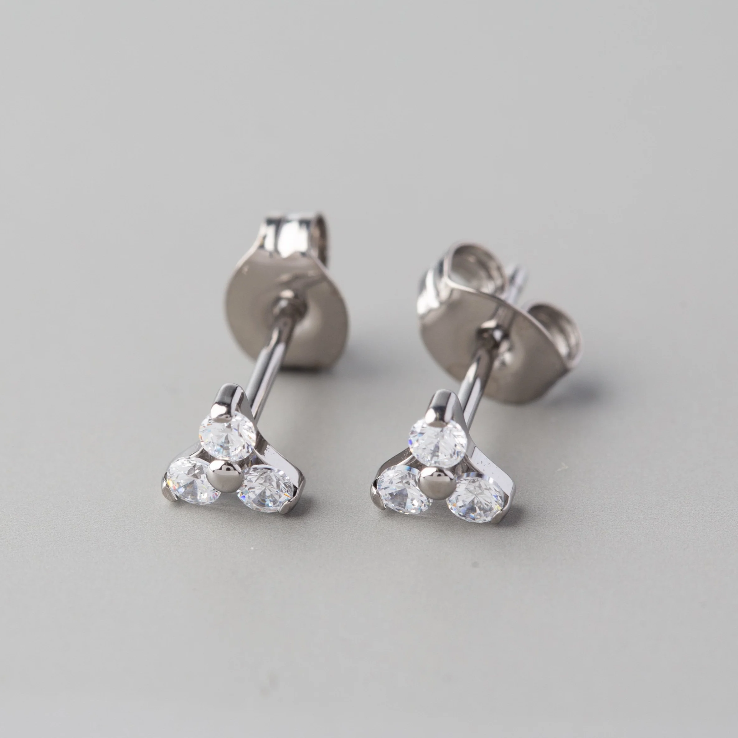 Triple Blaze CZ Stud Earrings in Silver - Titanium
